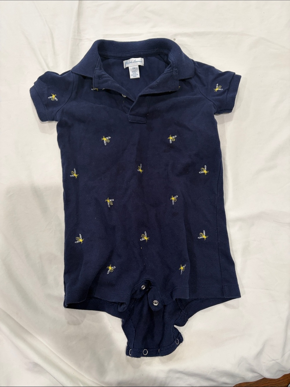 Ralph Lauren Navy Polo Romper with Yellow Bee Embroidery